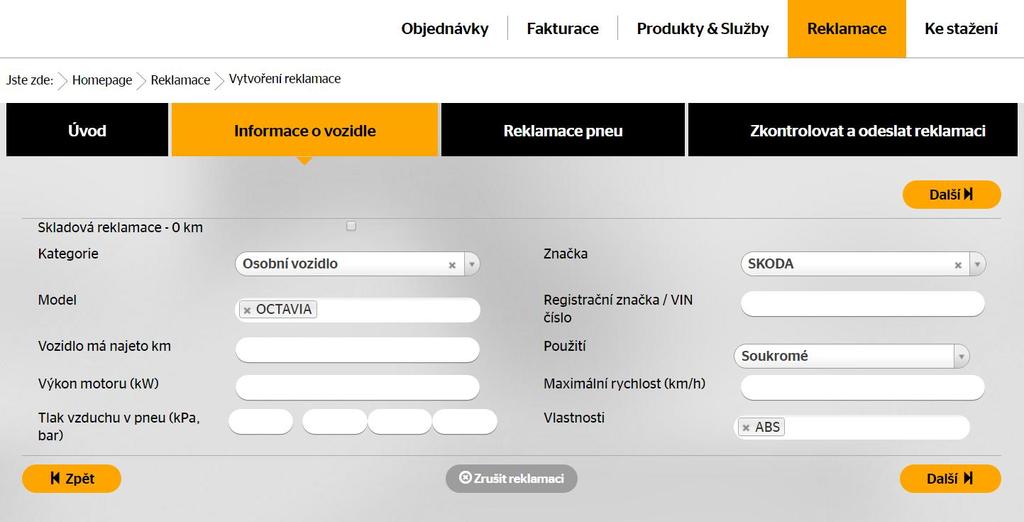 Reklamace Vytvoření reklamace první výbavy (OE) - Informace o vozidle.informace o vozidle je nutné vyplnit v následujícím pořadí:.kategorie.značka Model.