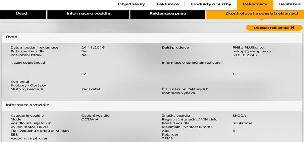 Reklamace Vytvoření reklamace první výbavy (OE) - Zkontrolovat a odeslat reklamaci.