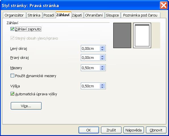 Pak nás čekají celkem obvyklé volby, tedy rozměry okrajů (můžou tedy být jiné než u zbytku stránky), případně mezer.