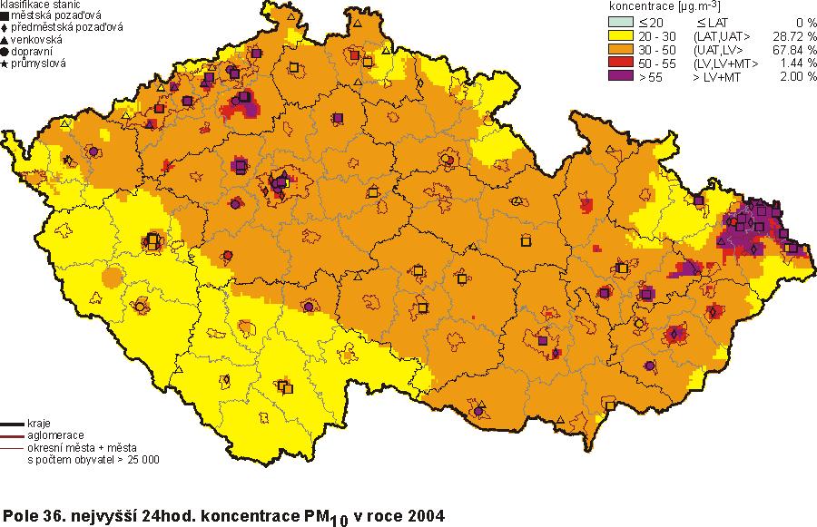 Zdroj: ČHMÚ Na žádné z těchto stanic nebyl v roce 2004 ani v předchozích letech překročen imisní limit pro žádnou z měřených znečišťujících látek.