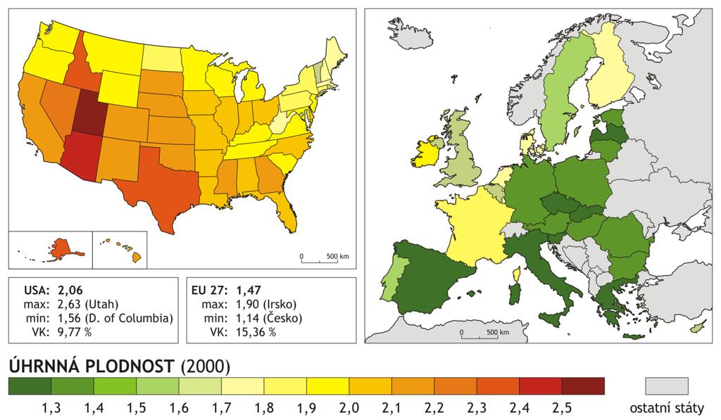 Regionální diferenciace úhrnné plodnosti Zdroj dat: U.S.