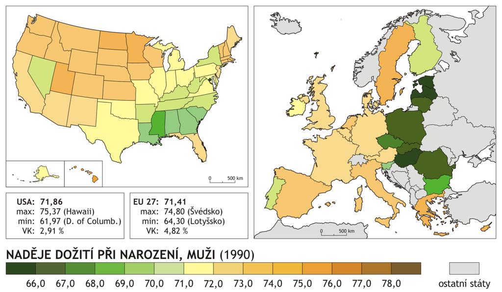 Regionální diferenciace e 0 muži Zdroj dat: U.S.