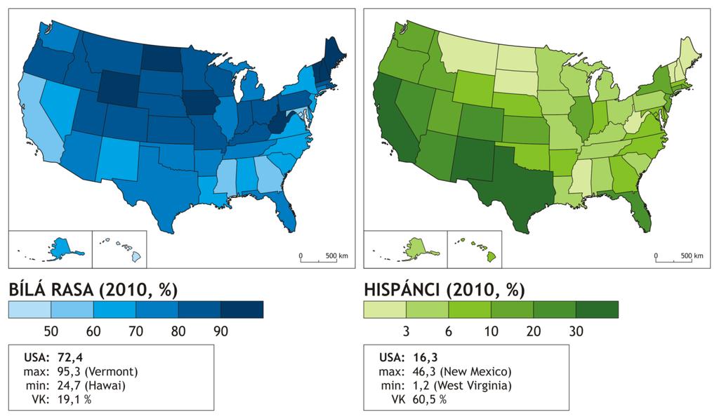 Zastoupení obyvatelstva podle rasy ve jednotlivých státech USA Zdroj dat: