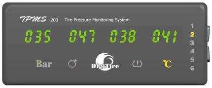 1 Monitorovanie Displej monitoruje všetky pneumatiky 24 hodín denne a ukazuje tlak každej nápravy počas 5 sekúnd, potom automaticky prepne na ďalšiu nápravu.