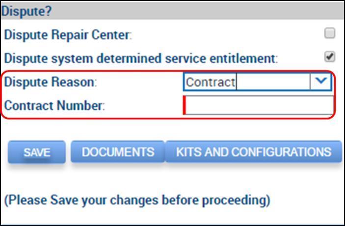 Z rolovacího menu Dispute Reason vyberte důvod námitky Pokud je důvodem k námitce Contract, musí uživatel v poli Contract Number uvést platné číslo servisního kontraktu.
