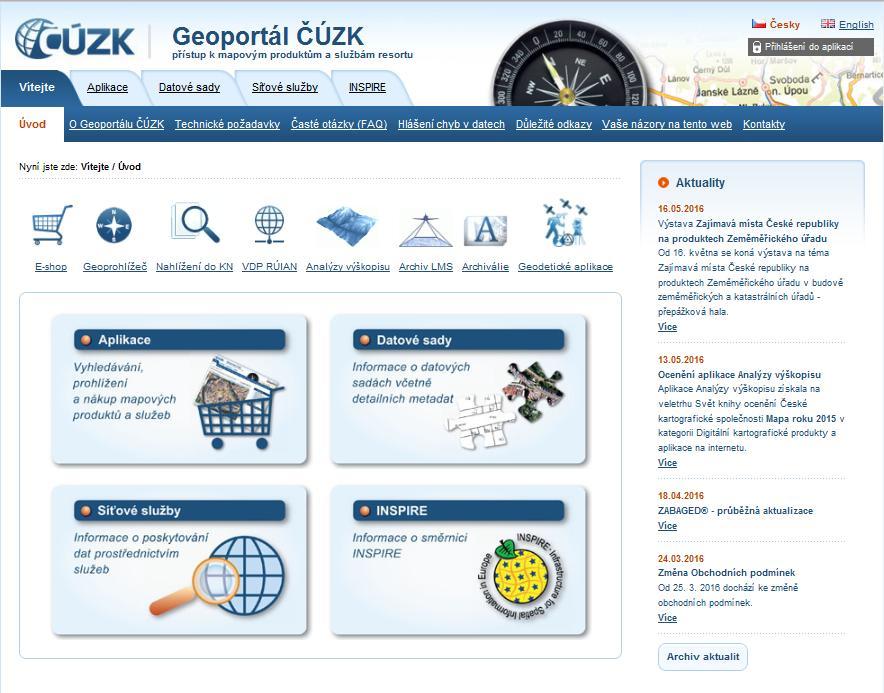 Geoportál ČÚZK Zajišťuje společné rozhraní pro přístup k informacím o prostorových datech a službách resortu (metadatům)