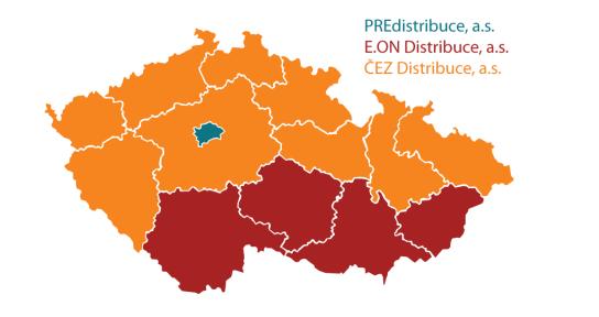 PROVOZOVATELÉ DISTRIBUČNÍCH SOUSTAV V ČR ČEZ Distribuce, a.s. Zásobuje elektřinou 3,5 mil. odběrných míst na ploše 52 000 km2 Délka všech vedení je 162 583 km, zatížení dosahuje 5 421 MW E.