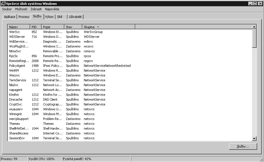 Správa aplikací, procesů a výkonu 107 Obrázek 4.3: Karta Služby (Services) poskytuje rychlý přehled stavu systémových služeb Služby, které mají hostitele v podobě příkazu svchost.