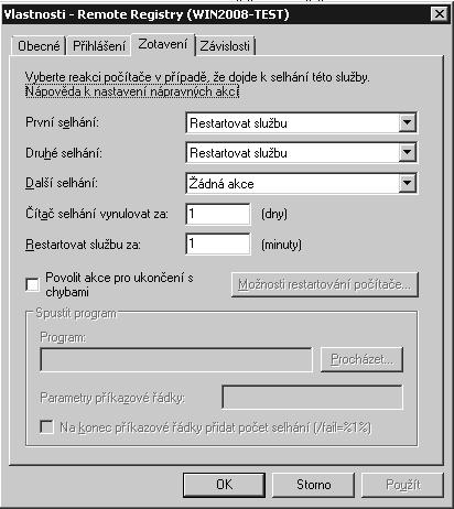 Správa systémových služeb 117 Konfigurace zotavení služeb při selhání Služby systému Windows Server 2008 lze nakonfigurovat na provádění konkrétních akcí při selhání služby.