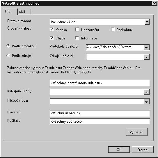 Protokolování a zobrazování událostí 123 Filtrování protokolů událostí Prohlížeč událostí (Event Viewer) automaticky vytváří několik filtrovaných zobrazení protokolů událostí.