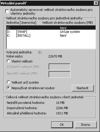 92 Kapitola 3 Správa serverů se systémem Windows Server 2008 3. Standardně systém Windows Server 2008 spravuje velikost stránkovacích souborů pro všechny jednotky.