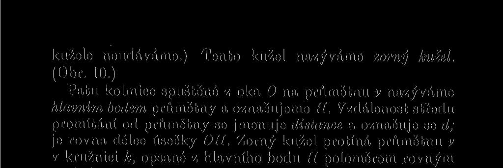 Zorný kužel protíná průmětnu v v kružnici k, opsané z hlavního bodu H poloměrem rovným perspektivně zobrazen, musí je