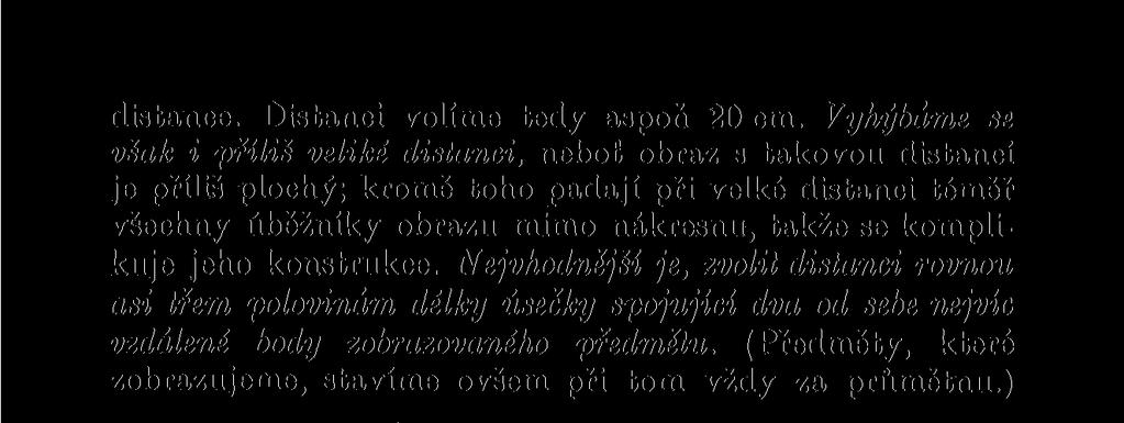 komplikuje jeho konstrukce. Nejvhodnější je, zvolit distanci rovnou asi třem polovinám délky úsečky spojující dva od sebe nejvíc vzdálené body zobrazovaného předmětu.