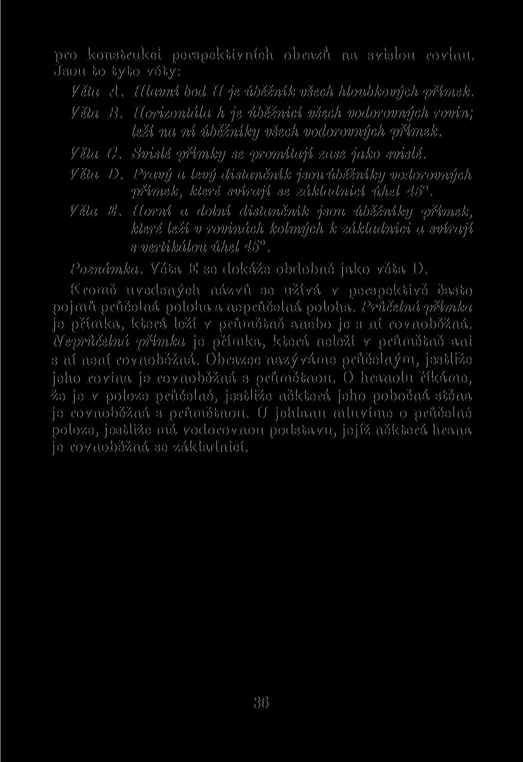 pro konstrukci perspektivních obrazů na svislou rovinu. Jsou to tyto věty: Věta A. Hlavní bod H je úběžník všech hloubkových 'přímek. Věta B.