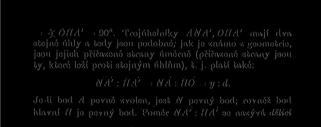 proti stejným úhlům), t. j. platí také: NA' : ~Hl' = NÄ : HÖ = y : d. Je-li bod A pevně zvolen, jest N pevný bod; rovněž bod hlavní H je pevný bod.