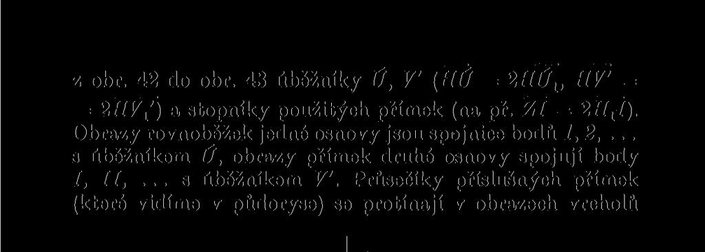 Průsečíky příslušných přímek (které vidíme v půdoryse) se protínají v obrazech vrcholů Obr. 43. daného půdorysu. Tak na př.