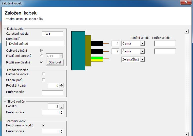 (použít z katalogu) 3 Silové vodiče (1,5 mm²) s ochranným vodičem Po kliknutí na OK nebo Použít je založený kabel změněn (struktura, značení, definice).