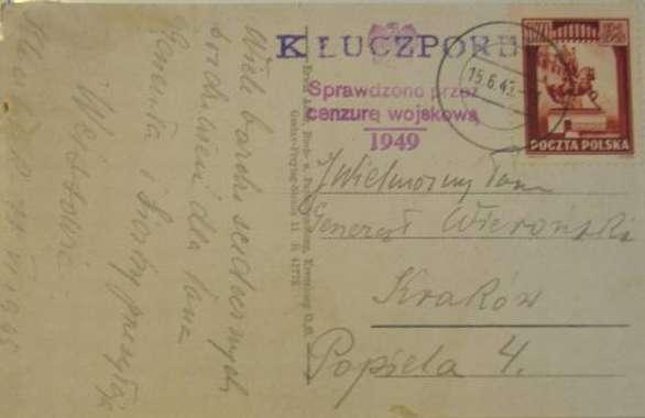- 16 - Dole jsou 4 návrhy na provizorní, gumové razítko s názvem pošty. Dole je na pohlednici poslané do Krakova ještě jedna varianta názvu města, a to KLUCZPORD.