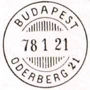 - 33-1442/1 BUDAPEST/ODERBERG 37, v použití od r.1878. Existují 3 razítka, která se od sebe liší malými detaily. Typ razítka G 512.