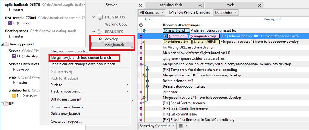Obrázok 9 SourceTree - spojenie vetiev (merge) 3 Pravidlá písania 3.1 Názvy vetiev Názvy vetiev by mali jasne vystihovať, čo je ich primárnym zameraním.