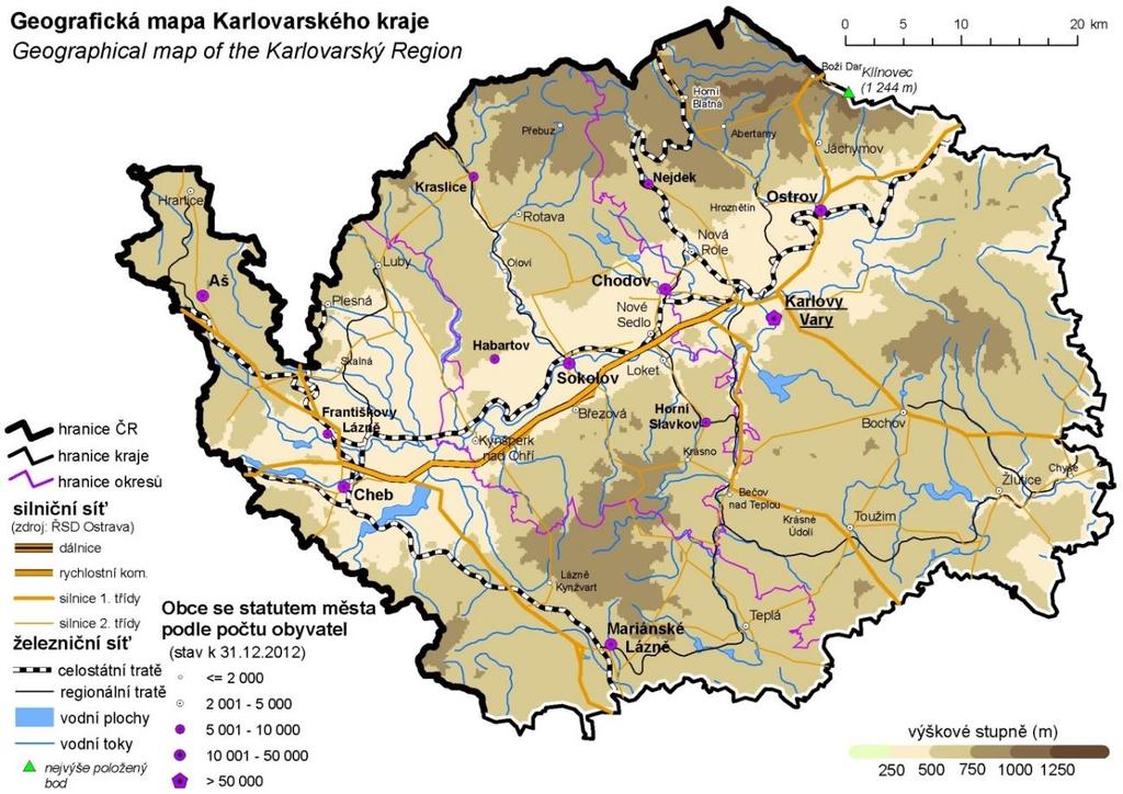 Obrázek 2: Mapa Karlovarského kraje s vyznačením dopravní infrastruktury [1] 2.1.2 Osídlení Jak je vidět z obrázku č. 2, přírodní podmínky byly rozhodující při vzniku sídel v kraji.