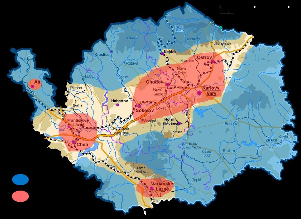 V důsledku přírodních i historických faktorů jsou sídla v kraji rozprostřena velmi nerovnoměrně. V Karlovarském kraji se nachází celkem 132 obcí, z nichž 38 má statut města.