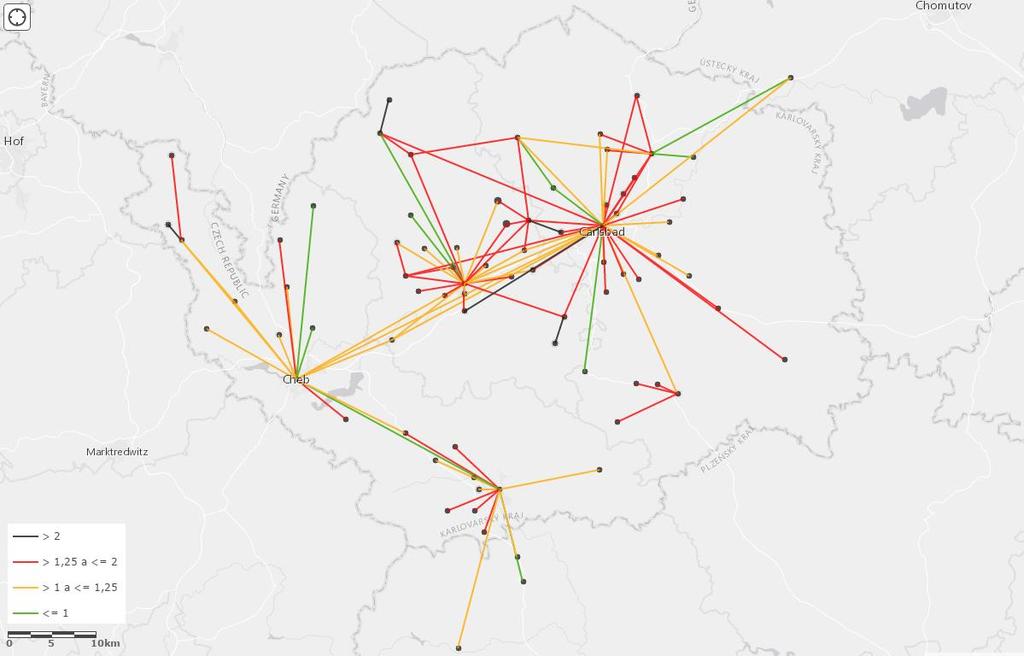 Obrázek 7: Konkurenceschopnost veřejné dopravy ve vybraných relacích [autor] Z mapy se dá vyčíst, že nejvíce konkurenceschopné relace (zeleně) jsou tam, kde existuje kvalitní vlakové spojení: např.