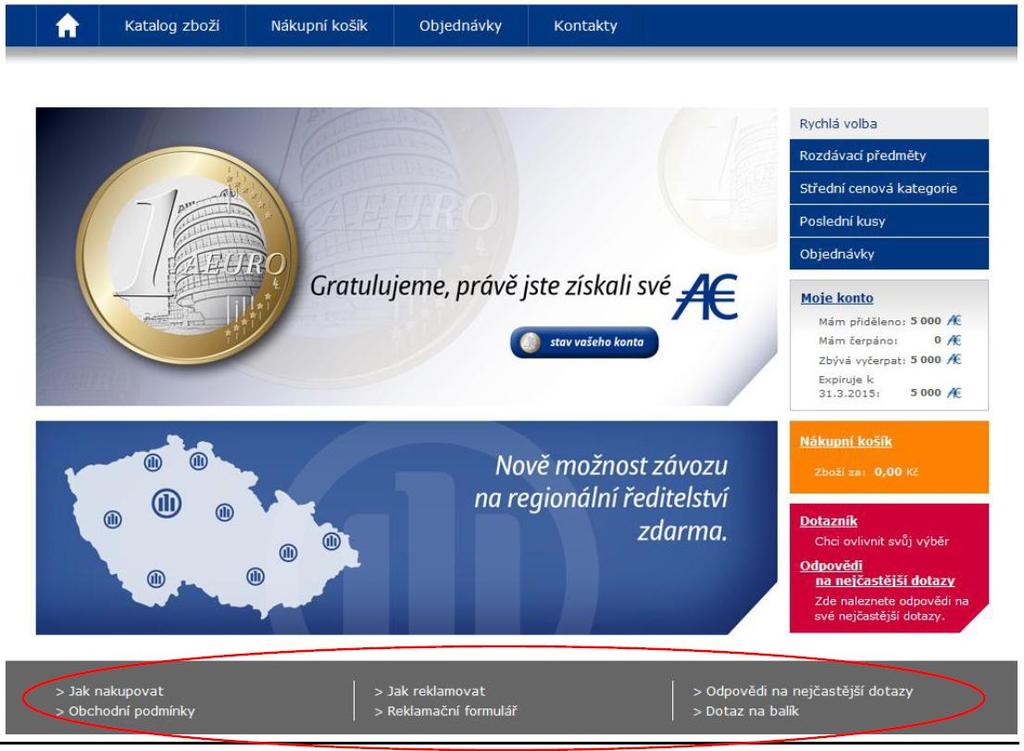 Ve spodní části obrazovky jsou zobrazeny informace související s provozem Allianz E-shopu (jak nakupovat,