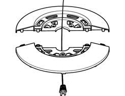 Utiahnutím skrutiek v spodnej časti pripevnite podstavec k ventilátoru (obr. 4); 3. Napájací kábel pretiahnite úchytkou a túto úchytku pripevnite k podstavcu (obr. 5).