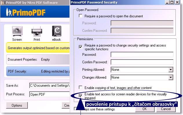 Obrázok 1 Nastavenie povolenia pre prístup k textovým informáciám v PDF dokumentoch prostredníctvom odčítačov obrazovky v programe Adobe Acrobat 7 Professional Rada programov, ktoré vytvárajú PDF