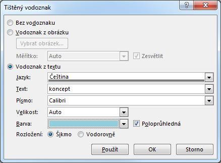 Kapitola 4: Karta Návrh 45 Barva stránky Vodoznak Kliknutím do tlačítka Barva stránky a výběrem barvy nastavíme barvu pozadí. Barva pozadí se netiskne, slouží pouze k zobrazení na obrazovce.