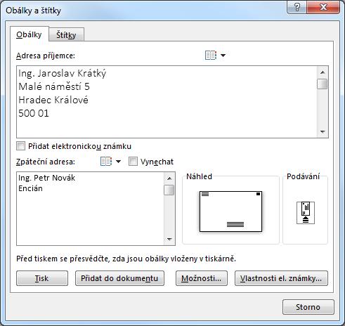 Kapitola 8: Karta Korespondence 92 8 Karta Korespondence Obálka DEM_08_01. docx Zpáteční adresa 8.