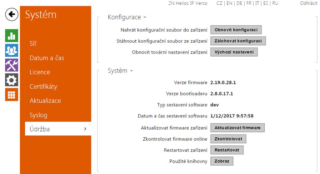 5.5.7 Údržba Toto menu slouží k údržbě konfigurace a firmwaru interkomu. Umožňuje zálohovat a obnovit nastavení všech parametrů, aktualizovat firmware interkomu příp.