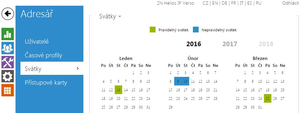 5.2.3 Svátky Na této stránce se nastavují dny, na které připadá svátek (příp. den pracovního klidu).