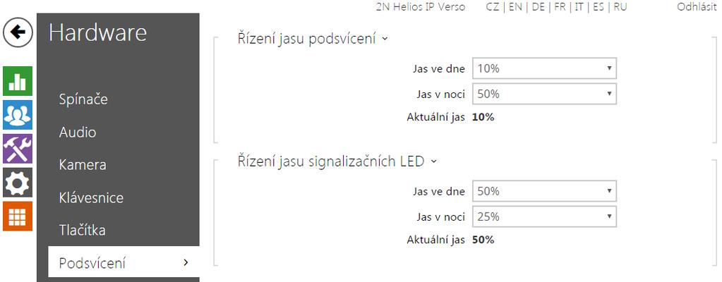 5.3.6 Podsvícení Na této záložce lze nastavit nezávisle úroveň podsvícení jmenovek, tlačítek příp. úroveň svitu signalizačních LED.