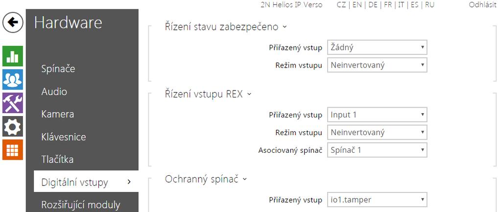 5.3.9 Digitální vstupy V této části konfigurace interkomu můžete nastavit parametry související s digitálními vstupy a jejich propojení s dalšími funkcemi interkomu.