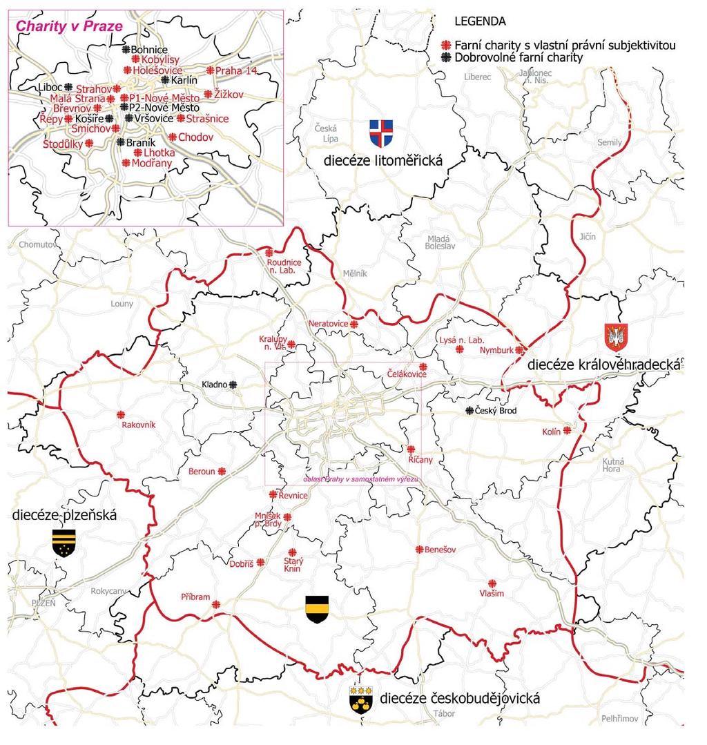 Mapa Charit v pražské arcidiecézi Adresář Charit v pražské arcidiecézi Tato výroční zpráva obsahuje souhrnné informace o práci všech Charit působících v pražské arcidiecézi.