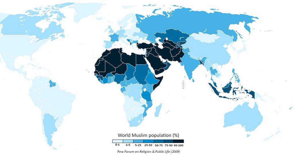 Přibližně 1,6 miliard muslimů (23 % celkové populace) -