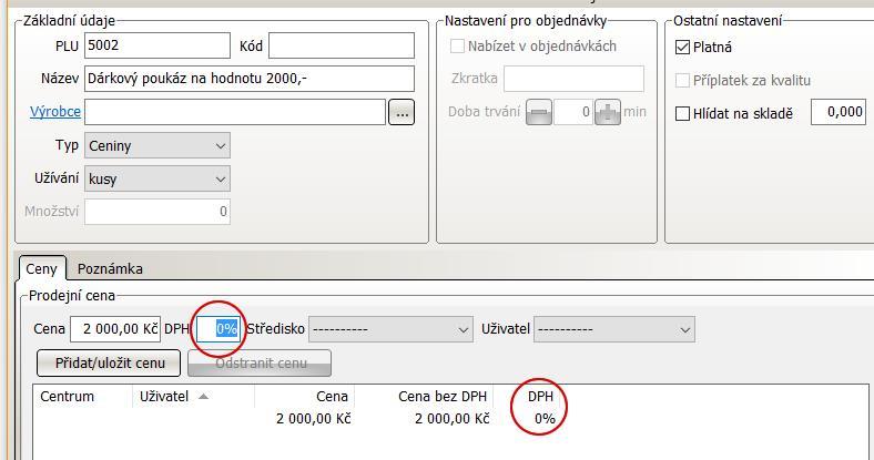 - Naopak při prodeji cenin na hodnotu, by měla být sazba DPH nulová (Příklad: Dárkový poukaz v hodnotě 2000,- Kč) - Důvod je, že není dopředu známo, za které služby či prodej bude klient jeho ceninu