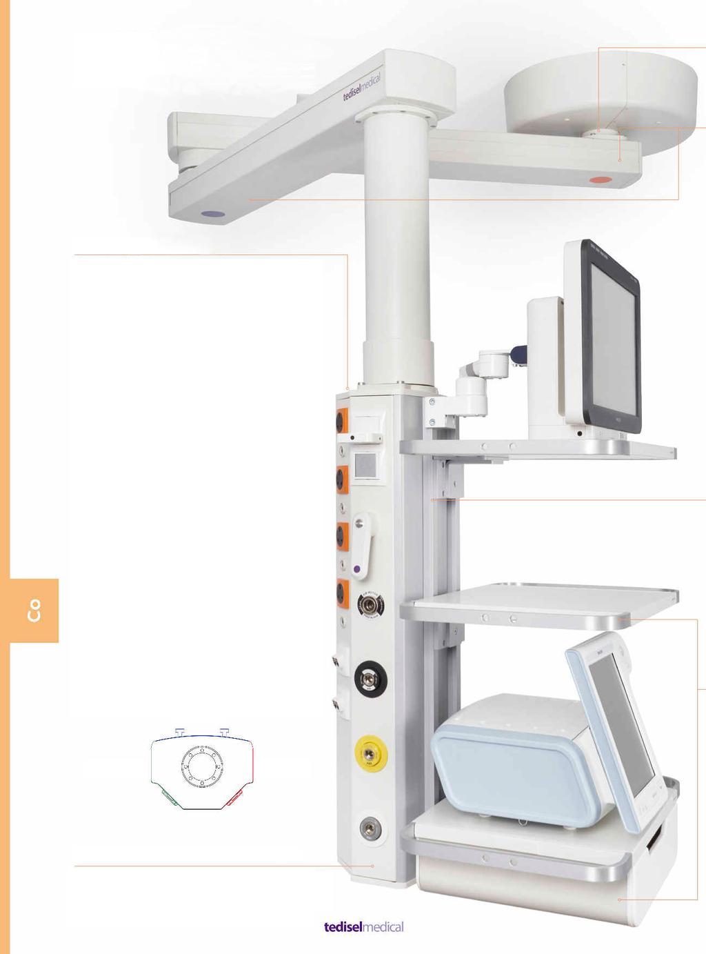 Stropní stativy detailně Design Typ stropního stativu a jeho přívodů pro operační sál by měl být zvolen podle typu operačního sálu, ve kterém bude instalován, jakož i podle druhu prováděných zásahů.