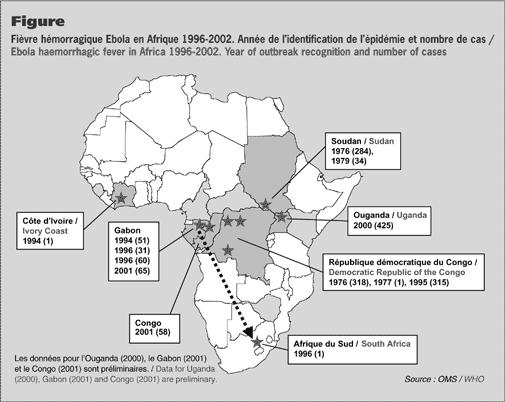 Nákaza byla zdokumentována i v Gabonu v letech 1944-1966. [6] Ilustrace 1: Výskyt viru Ebola zdroj:http://www.eurosurveillance.org/viewarticle.aspxarticleid =342: 2.1.3 Rezervoár viru a způsob přenosu Filoviry jsou stejně jako jiní původci hemoragických horeček bezesporu viry zoonotické.