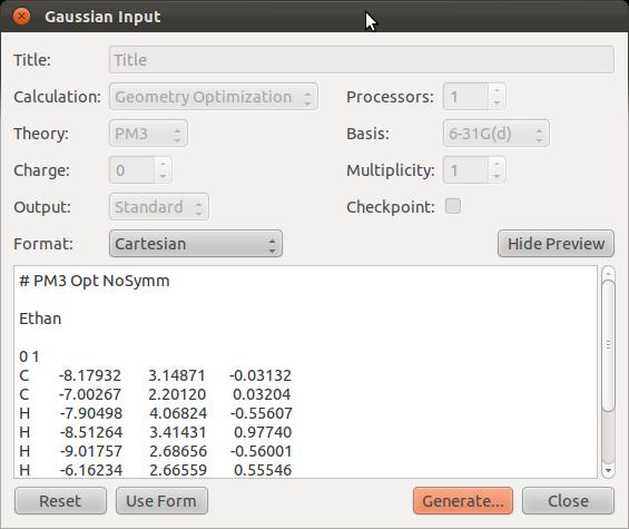 Příprava vstupního souboru Vstupní soubor pro výpočet můžeme vytvořit pomocí programu Avogadro. Příslušný nástroj naleznete v menu Extensions->Gaussian.