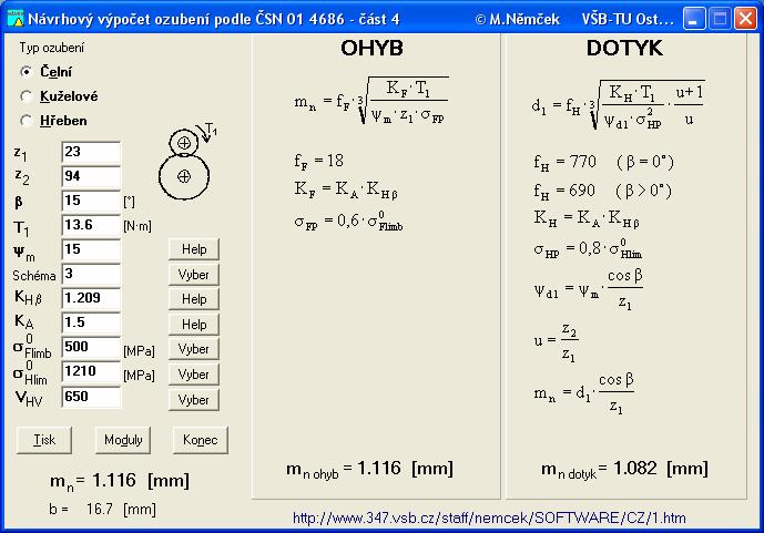 z z i,8 64,4, (.0) 4 4 volen počet zubů z 4 64. Volba modulu soukolí podle výpočtového programu MODUL (volte součinitel vnějších dynamických sil K, 5, materiál obou kol 00.4) obr... A Obr.