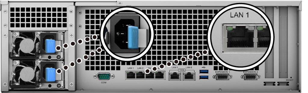 Spuštění zařízení RackStation 1 Připojte jeden konec všech napájecích kabelů k napájecím portům v zadní části zařízení