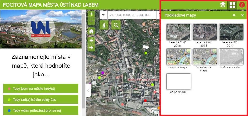 Podkladové mapy můžete přepínat po kliknutí na ikonu 10.