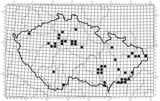 Fig. 1. Distribution of Metatropis rufescens in the Czech Republic (based on Kment & Bryja (2001), updated). Obr. 1. Rozšíření štíhlenky Metatropis rufescens v České republice (podle práce Kment & Bryja (2001), doplněno).