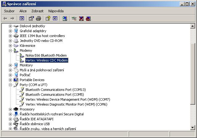 Kontrola instalace ovladačů 4) Jestliže v položce Modemy bude uveden Vertex Wireless CDMA USB Modem