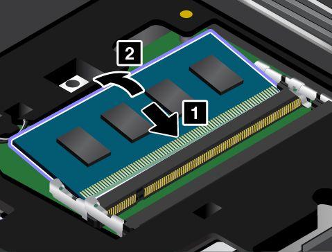 5. Konec nového paměťového modulu opatřený zářezem nasměrujte k okraji paměťového slotu s kontaktní ploškou a poté paměťový modul 1 vložte do slotu pod úhlem 20 stupňů.