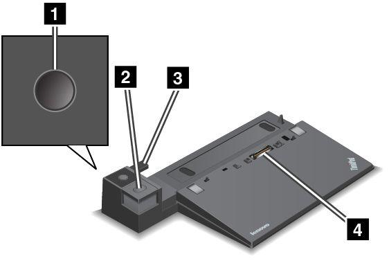 ThinkPad Basic Dock Pohled zepředu 1 Hlavní vypínač: Stiskem hlavního vypínače zapnete nebo vypnete počítač. 2 Tlačítko vysunutí: Stiskem tohoto tlačítka uvolníte počítač z dokovací stanice.