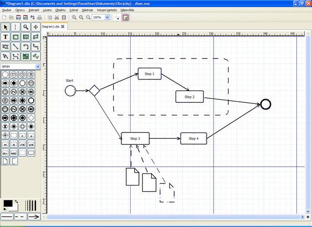 DIA Obrázek 16 - Ukázková obrazovka nástroje Dia s jednoduchým BPMN diagramem Základní informace Název Dia Aktuální verze 0.
